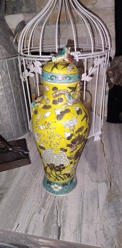 19th Chinese yellow ground enamel famille rose gilt Dragon Small vase Urn Style - Picture 7 of 24