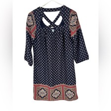 Skies are Blue Shift Dress size XS Navy Blue and Red Tribal Geo Print