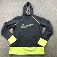 Nike Hoodie Womens Medium Gray Neon Yellow Therma-Fit Swoosh Pullover Athletic