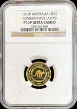 1991 P GOLD AUSTRALIA $25 WALLAROO 1/4 OZ COIN NGC PROOF 69 ULTRA CAMEO 5160.00 per troy oz