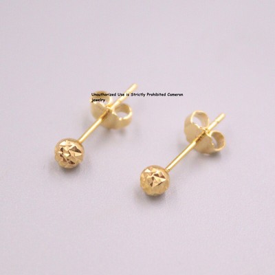 Pure Au750 18K Yellow Gold Women Lucky Carved Ball Earrings Stud  