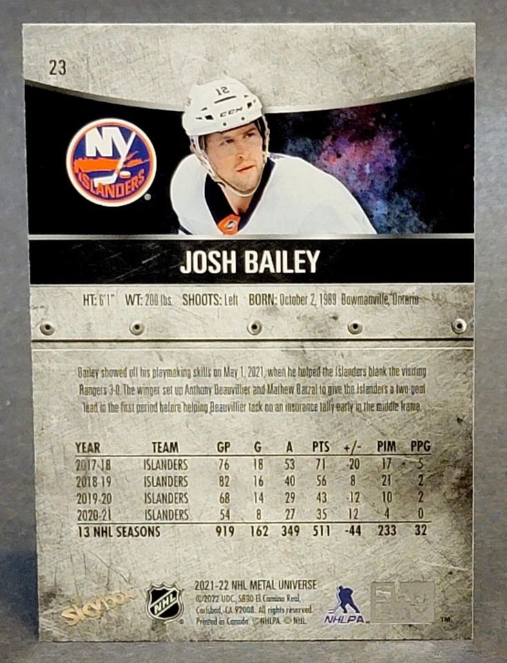 2021-22 Skybox Metal Universe Blue Spectrum #23 Josh Bailey - Image 2 of 2