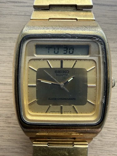 Vintage Men's Seiko H357-5109 Ana+Digi Alarm Chronograph Gold Tone Quartz Runs