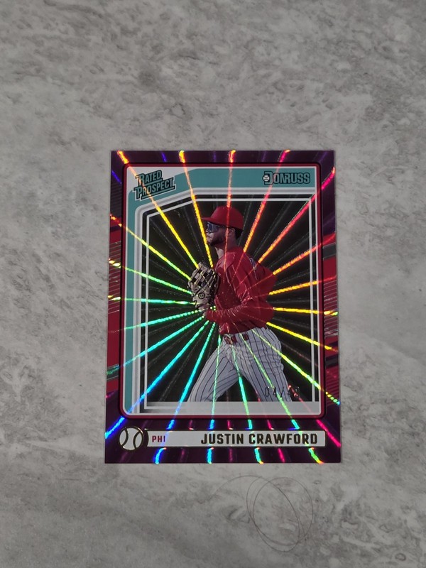 Justin Crawford 2024 Panini Donruss Rated Prospect Purple Laser /49. Phillies 