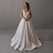 Elegant Lace Wedding Dress Spaghetti Straps Sweap Train Luxury Bridal Gowns