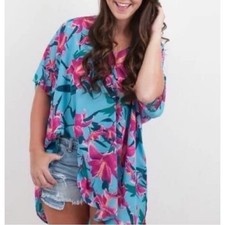 Show Me Your MuMu Mae Mu Tunic Dress Small Beach Swim Cover-up Floral Blue Pink