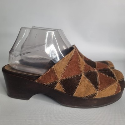 VTG Predictions Suede Patchwork Clogs Slip On Cowgirl Hippie Wood Chunky Y2K 7.5
