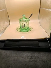 Vintage Heisey twist moongleam covered mustard jar.