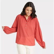Universal Thread Women's Balloon Long Sleeve Popover Poet Blouse Size M Orange