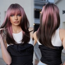 1p Trendy Pink Brown Highlight Wig Medium Straight Hair Synthetic Wig Daily Wear
