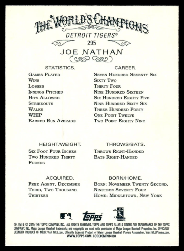 2015 Topps Allen & Ginter Joe Nathan #295 Detroit Tigers - Image 2 of 2