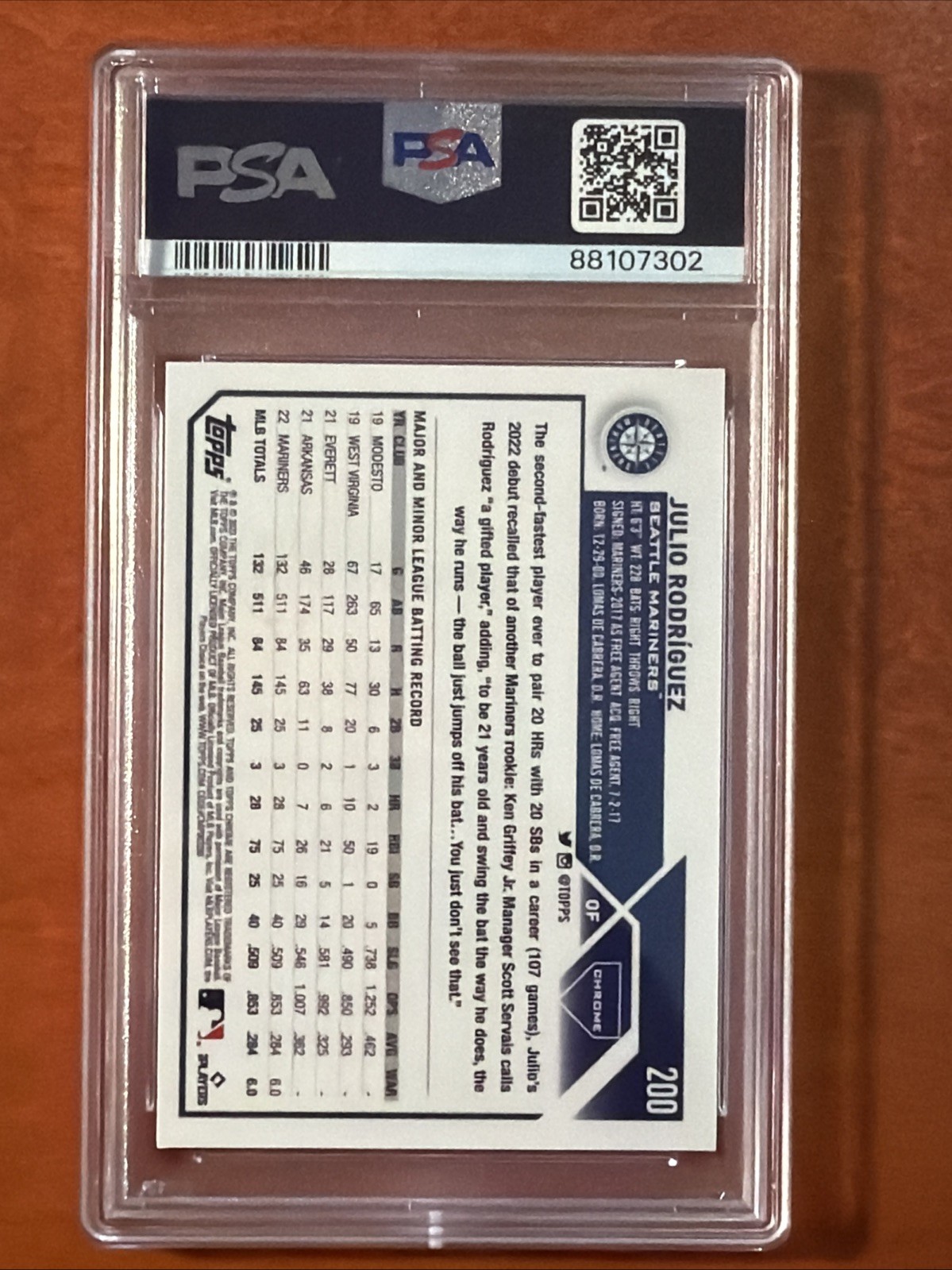 2023 Topps Chrome Logofractor  - Julio Rodriguez #200 Blue Refractor /150 PSA 10 view 3