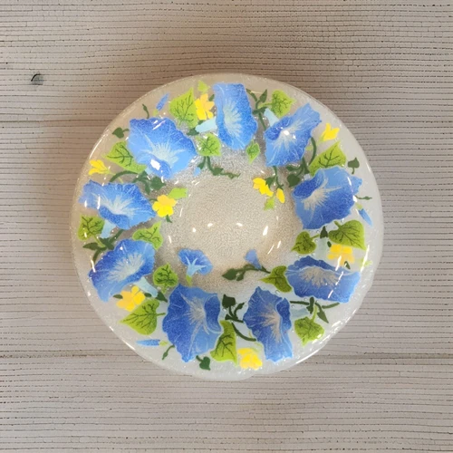 Peggy Karr Large 13" Glass Bowl Morning Glories Blue Flowers 