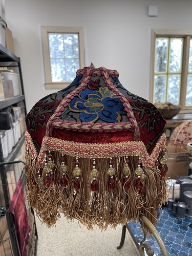VICTORIAN LAMP SHADE HEAVY EMBROIDERED FABRIC GOLD SILK BEADING & FRINGE