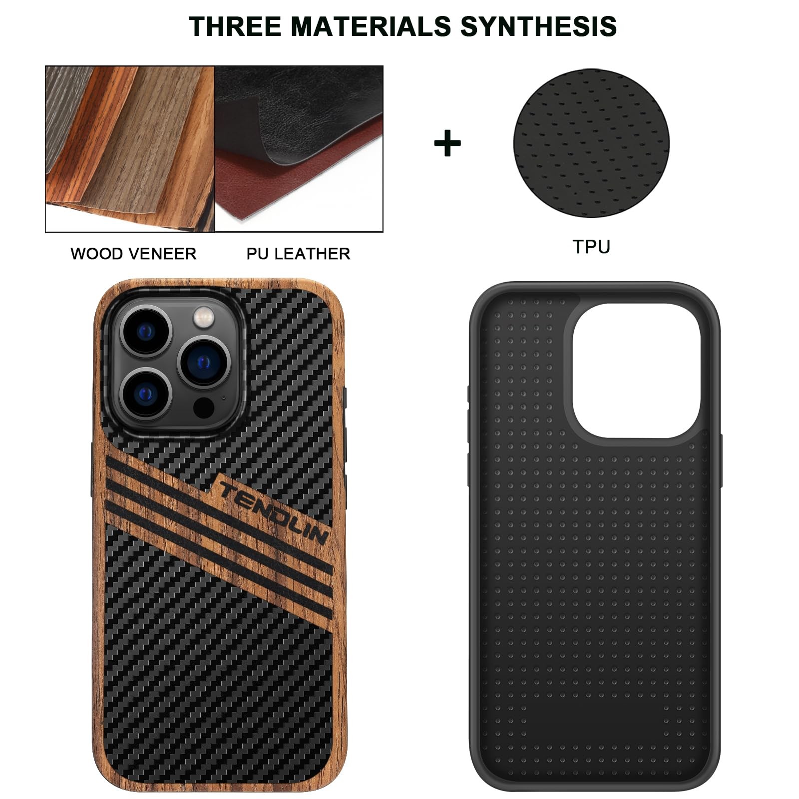 Coque compatible iPhone 15 Pro etui bois carbone cuir marron