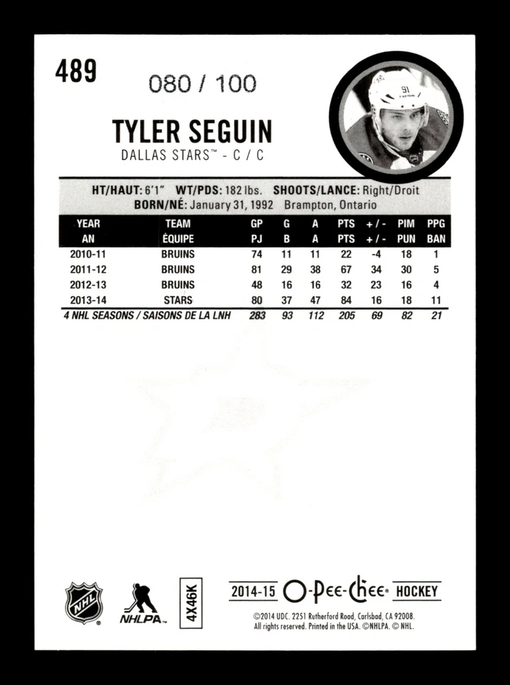 3-11-18 PWE READ . 2014-15 opc o-pee-chee black /100 #489 tyler seguin - Image 2 of 2