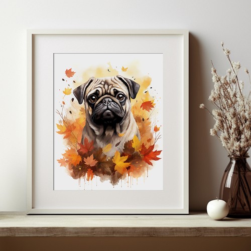 Mops im Herbstdruck, modernes Aquarell Hundegemälde, Haustierporträt - Bild 8 von 9