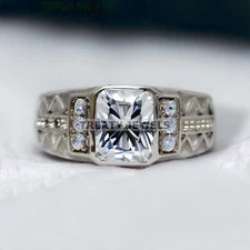 Moissanite Emerald Cut Gemstone With 925 Sterling Silver Ring For Men's #777