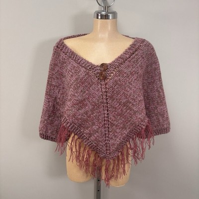 Vintage Handmade Sweater Womens Pink Medium Knit  Fringe Festival Grandma Poncho