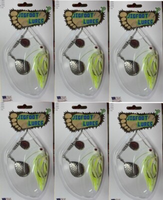 (6) JIGFOOT SPINNER BAITS WHITE & CHART 1/4OZ 3/8OZ 1/2OZ BASS FISHING LURES NIP