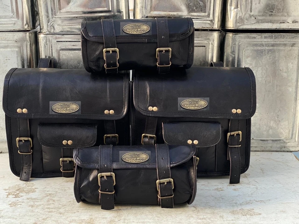 Leather Motorcycle Saddle Bags 4 Black Leather Side Pouch Panniers 4 Bags Combo - Image 4 of 4