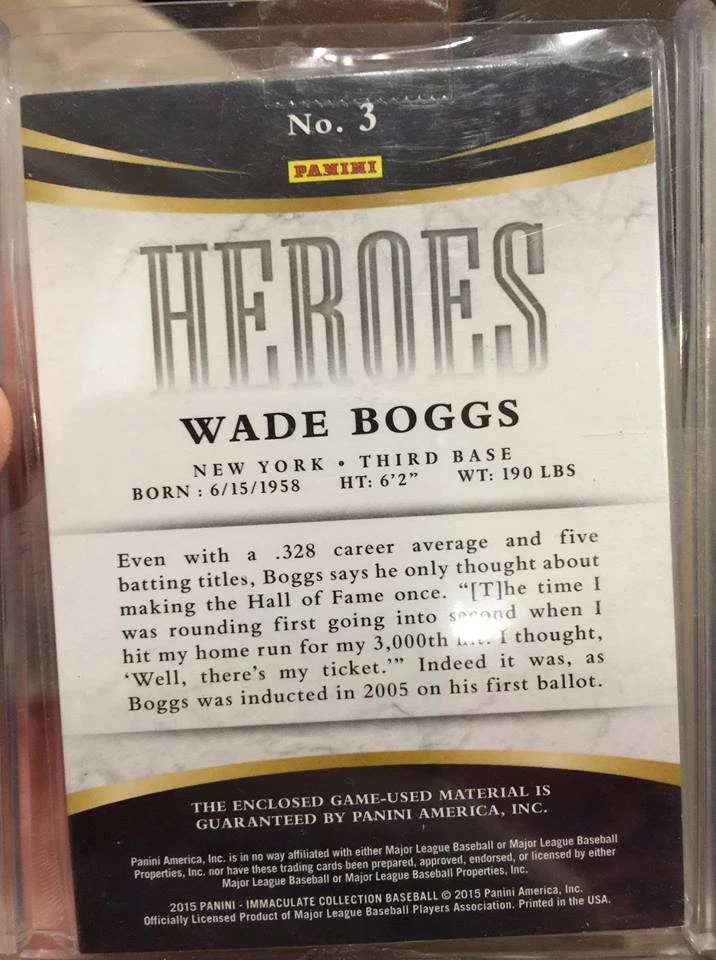 WADE BOGGS 2015 IMMACULATE "HEROES" NY YANKEES HOFER WORN JERSEY PATCH RELIC /49 - Image 2 of 2