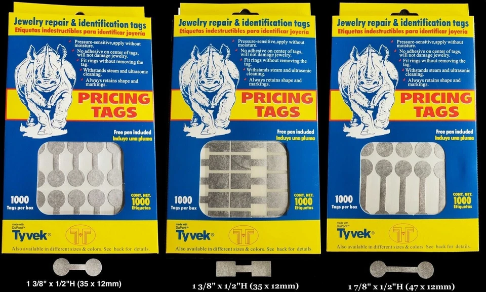 SAGA SELECTION 1000 Rhino Tyvek Silver Adhesive Dumbbell Jewelry Labeling Price Tags - 3 Styles