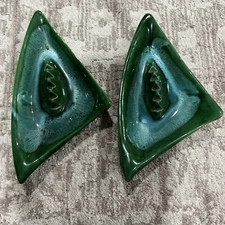 Pair Vintage MCM Ashtray California Pottery USA Ceramic 527 GREEN Glazed 11”x6”