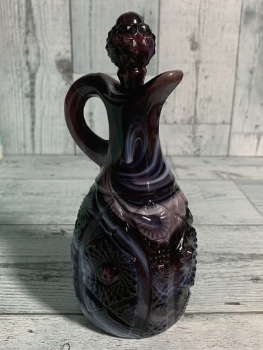 Vtg. Imperial Glass Purple Slag Pitcher Apothecary Bottle With Stopper UV Glow - Picture 9 of 14