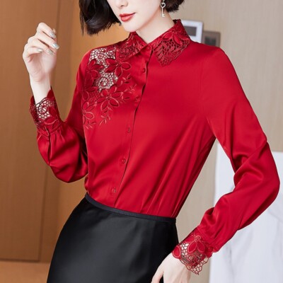 Damen Seidiges Satin Hemd Bluse Stickerei Business Hohl Out Formell Arbeit DE-