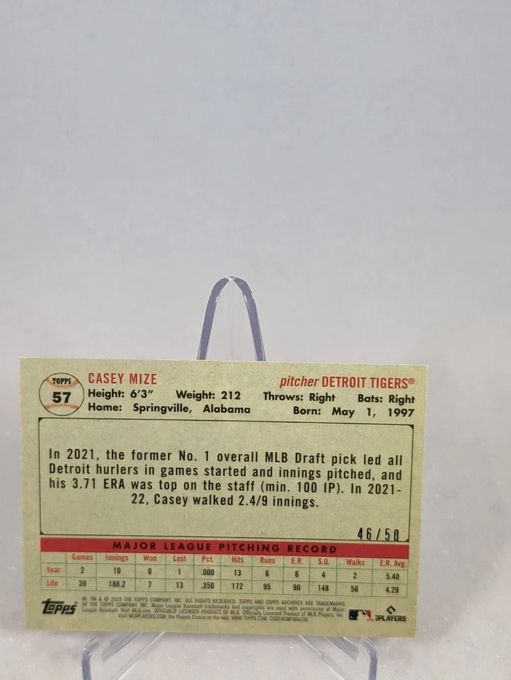 2023 Topps Archives - Casey Mize Red Foil 46/50 - Detroit Tigers - Image 2 of 2