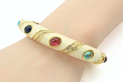 Splendid CINER Signed Designer Glass Gripoix Cab Beige Enamel Hinged Bracelet