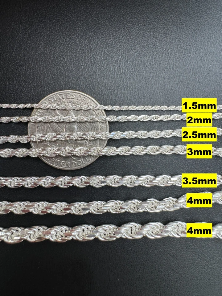 Men's Women's Real Solid 925 Sterling Silver Rope Chain 1.5-5mm 16"-30" ITALY - Image 3 of 4