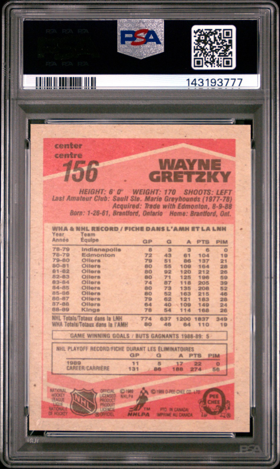 1989 O-Pee-Chee #156 Wayne Gretzky PSA 9 MINT view 2