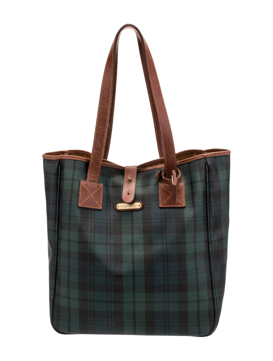 NEW Vintage Ralph Lauren Polo Plaid Blackwatch Leather Canvas Tote