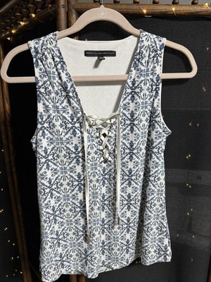 White House Black Market Lace Up Sleeveless Blouse - Blue White Extra Small XS
