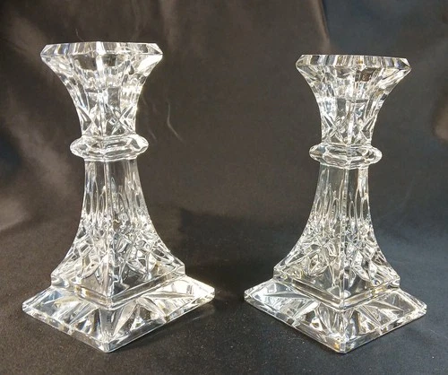 Set of 2 Waterford Lismore Cut Crystal Tall Light Candlesticks Square Base 10''