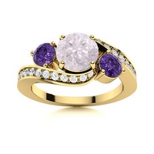 Round Pink Quartz  Amethyst 925 Sterling Silver Gold Plated Three Stone Ring