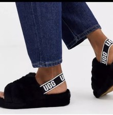 UGG Fluff Yeah Women's Slide Sandal UGG Logo Strap Size 8 Black White Slippers