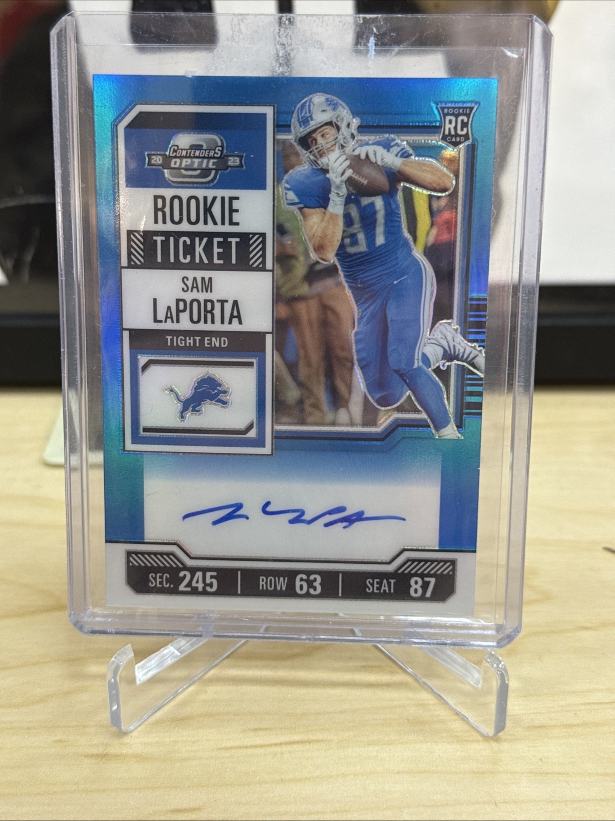 2023 Panini Contenders Rookie Ticket Blue Prizm Auto Sam LaPorta /99 RC #131