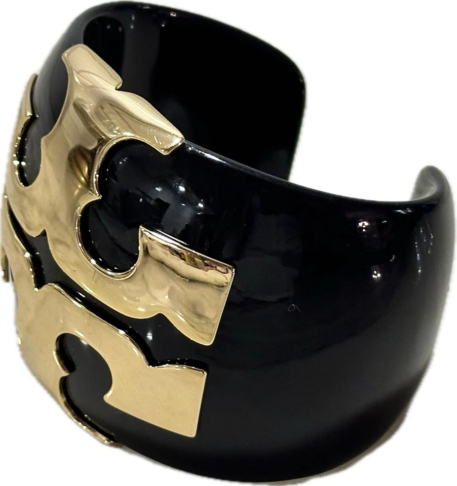 Vintage Tory Burch Elenor Cuff Bracelet Black Resin Iconic Logo 18k Gold Plated - Image 3 of 4