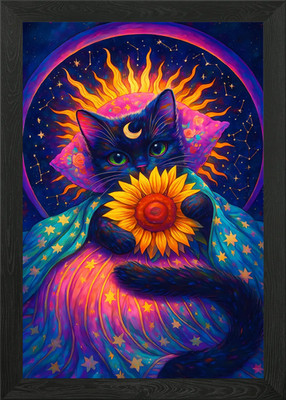 Kosmische Katze mit Sonnenblume gerahmtes Wandbild Poster Leinwanddruck Bild