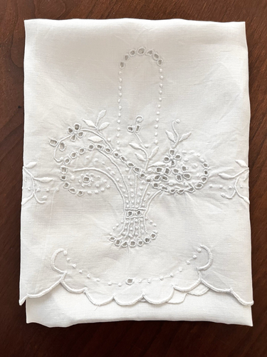Pristine Vtg White Linen Embroidered Dresser Scarf/Runner 35x17.5 Flower Basket - Picture 7 of 7