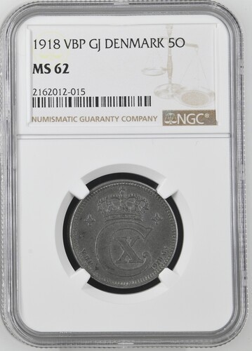 1918 VBP GJ DENMARK 5O NGC MS 62 Certified Coin