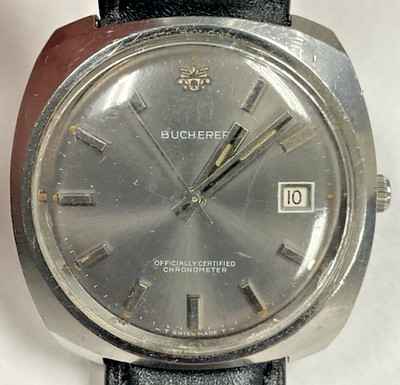 MENS BUCHERER CHRONOMETER DATE GREY STAINLESS STEEL 36mm WATCH