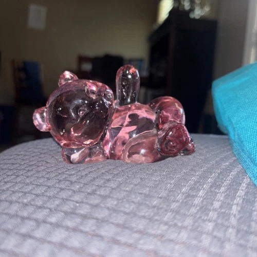 vintage Fenton glass reclining bear figurine in transparent petal pink glass