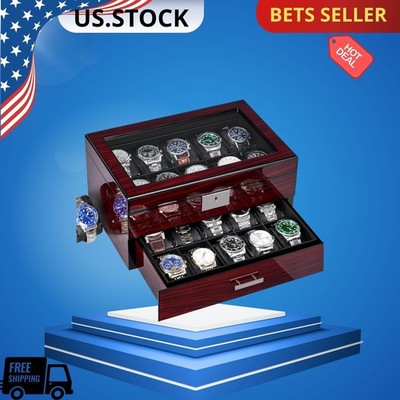 20 Slot Watch Box 2-Tier Lockable Wooden Display Case Glass Lid Men Women
