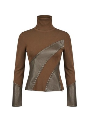Cache Womens Brown Turtleneck Faux Leather Trim Sweater Size M