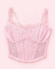 Victoria's Secret Pink Floral Lace Mesh Bustier Corset Top Adjustable S DD
