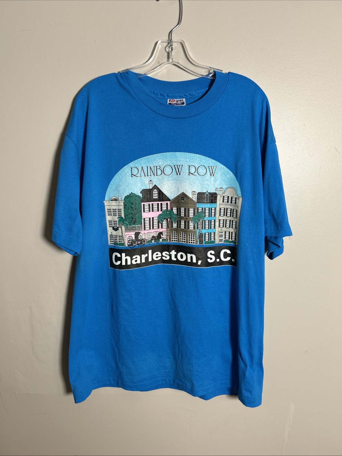 Camicia blu Hanes vintage anni 90 fila arcobaleno uomo XL Charleston SC punto singolo